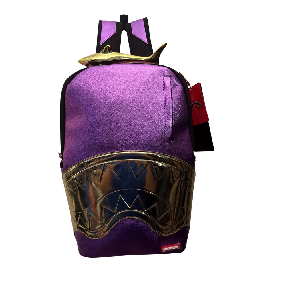 Sprayground Purple Metallic Gold Shark Mouth Backpack 3D Fin Streetwear NWT